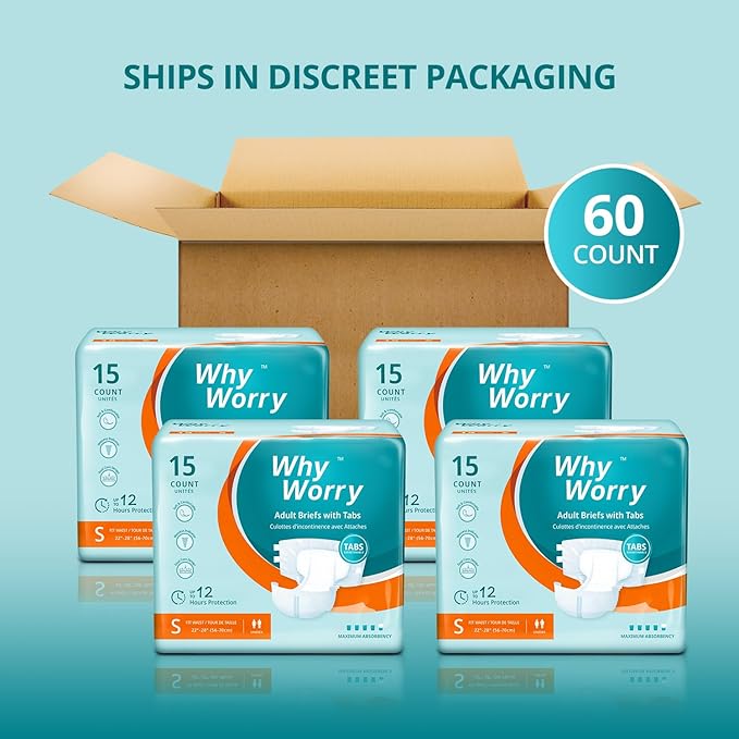 WhyWorry Adult Diapers with Tabs, Disposable Incontinence Briefs for Women & Men with Maximum Absorbency, Adult Briefs for Incontinence Overnight, Odor Control, Unisex, Small, 60 Count (4 Packs of 15)