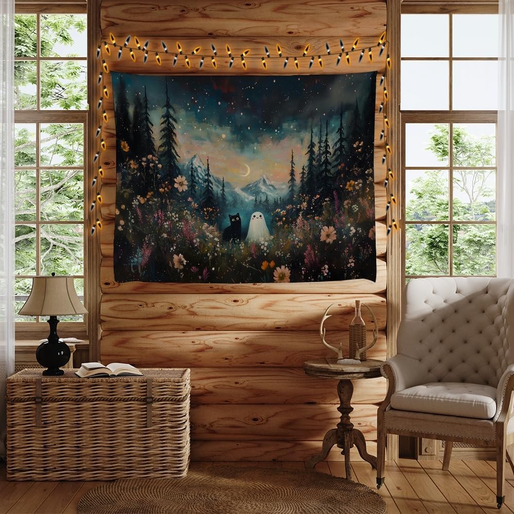 Whimsical Halloween Tapestry Wall Hanging Ghost and Black Cat in Magical Forest Wildflowers Meadow Tapestry Art Print Charming Spooky Fall Season Tapestries for Living Room Bedroom Decor 70x90inch