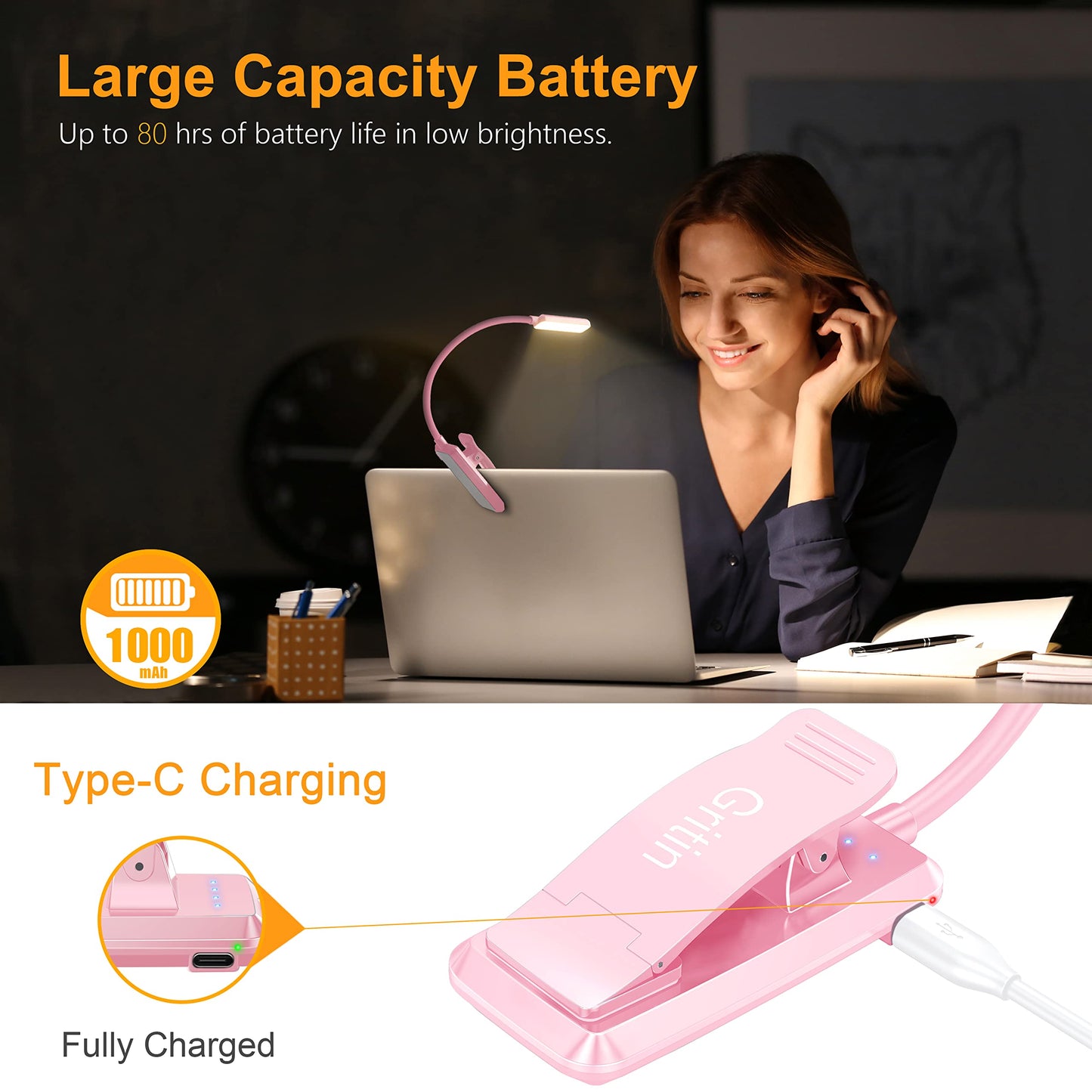 Gritin Rechargeable Book Light - 9 LED, 3 Color Temperatures, Stepless Dimming, Clip-On, Pink, Model G1330
