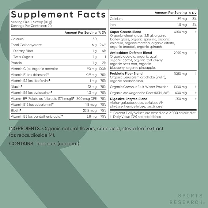 Sports Research® Organic Greens Superfood Powder w/Spirulina & Chlorella, Adaptogens, Enzymes, Probiotics & 8 VIT Bs & Creatine Monohydrate & Collagen eptides, Unflavored, Hydrolyzed Type 1 & 3