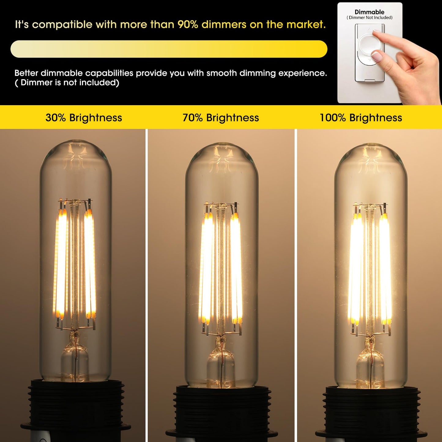 Gozelux Dimmable E26 Edison Bulb, AC120V Warm White 2700K Light Bulbs, 6W Equal 60 watt 750LM Tubular T10 LED for Rustic Pendant, Chandeliers, Wall Sconces,Vanity, Pack of 4
