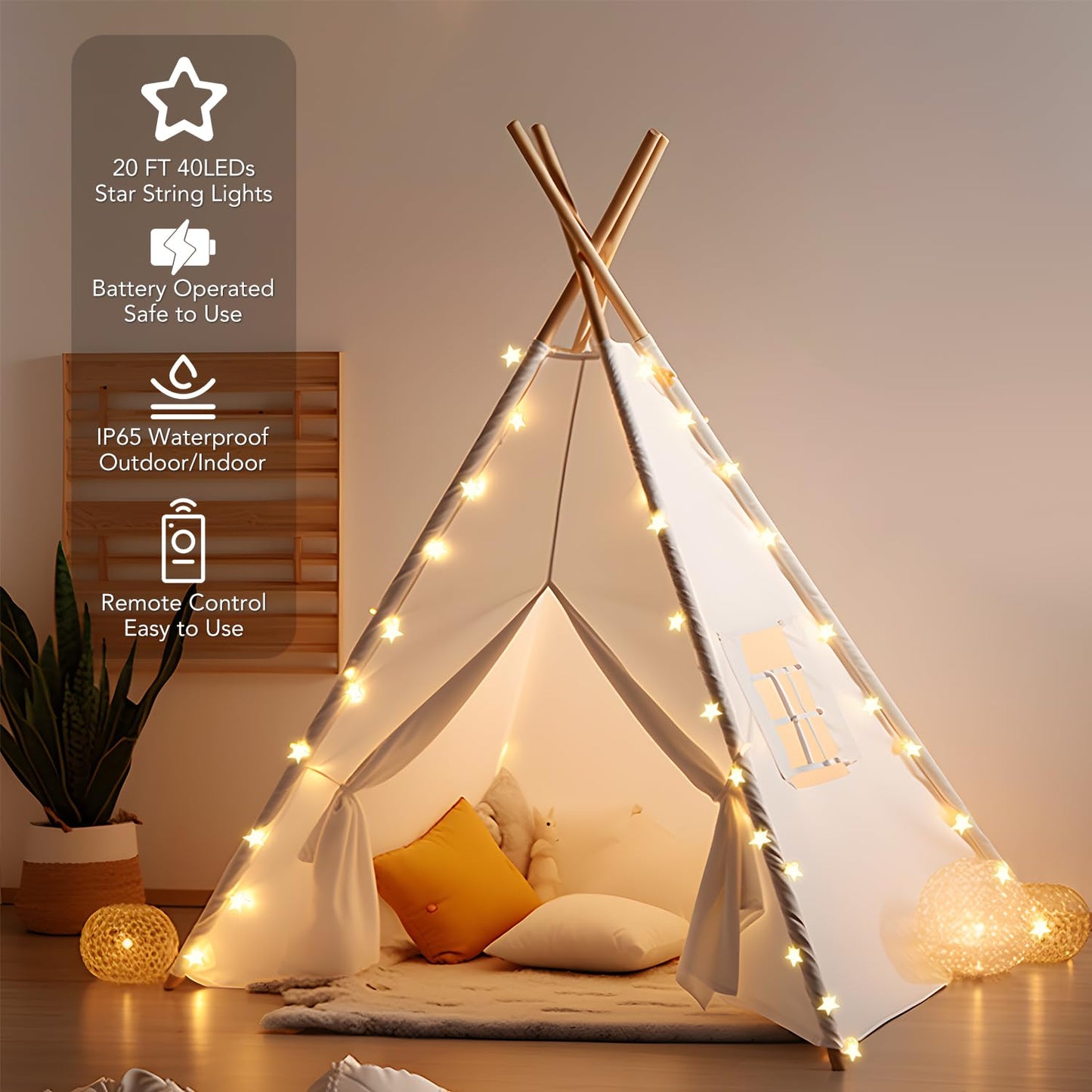 Tasodin Star String Lights, 40 Led Waterproof Fairy Lights, 20Ft, Warm White, Battery Operated With Remote Control For Home & Party Decor