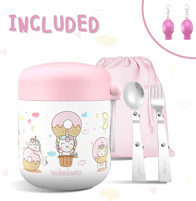 12oz Insulated Food Jar for Kids, Easy Carry, Wide Mouth, Thermos for Hot Food, Soup, Salad, Sandwich, School Lunches (Pink-Unicorn)
