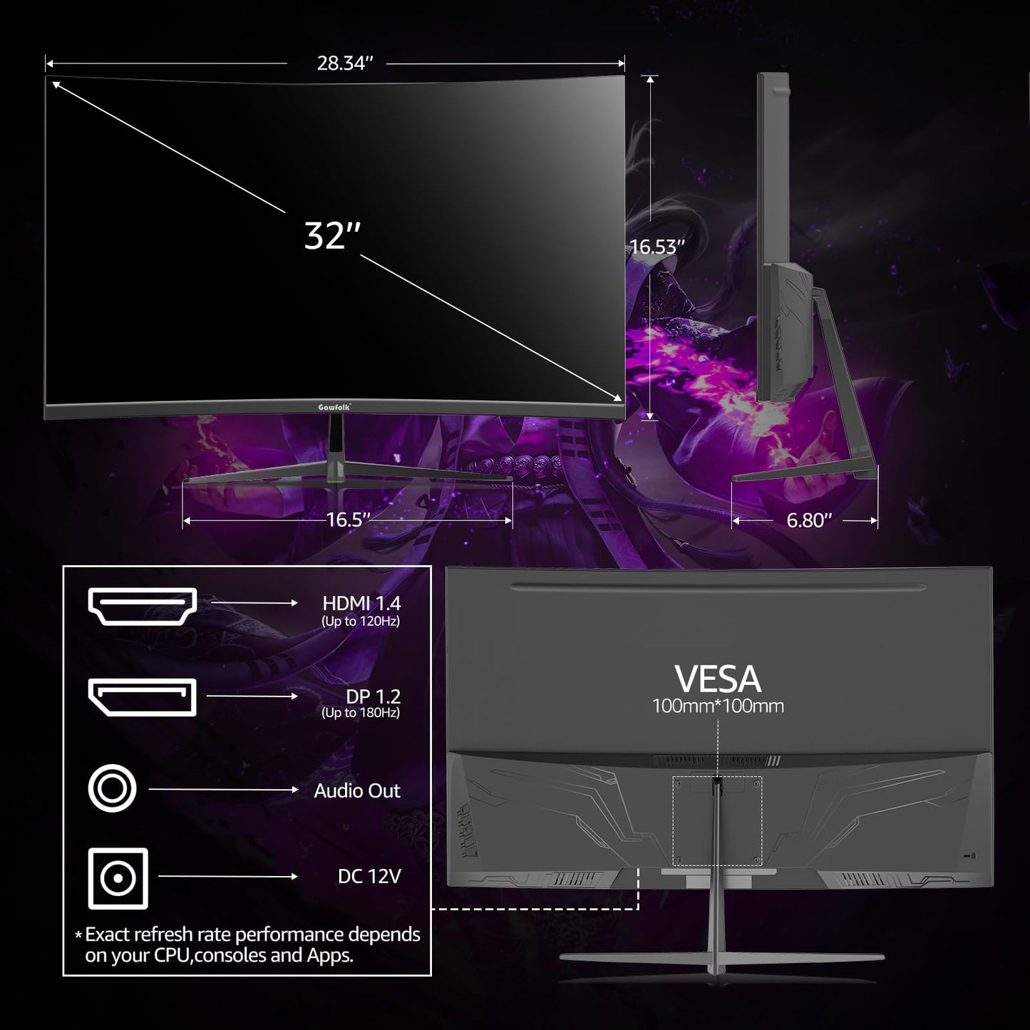 Gawfolk 32 Inch Curved Gaming Monitor, 180Hz 1500R QHD (2560x1440) 2K Computer Monitor with FreeSync, DisplayPort, HDMI, Wall Mountable, Eye Care for Home Office & Gaming