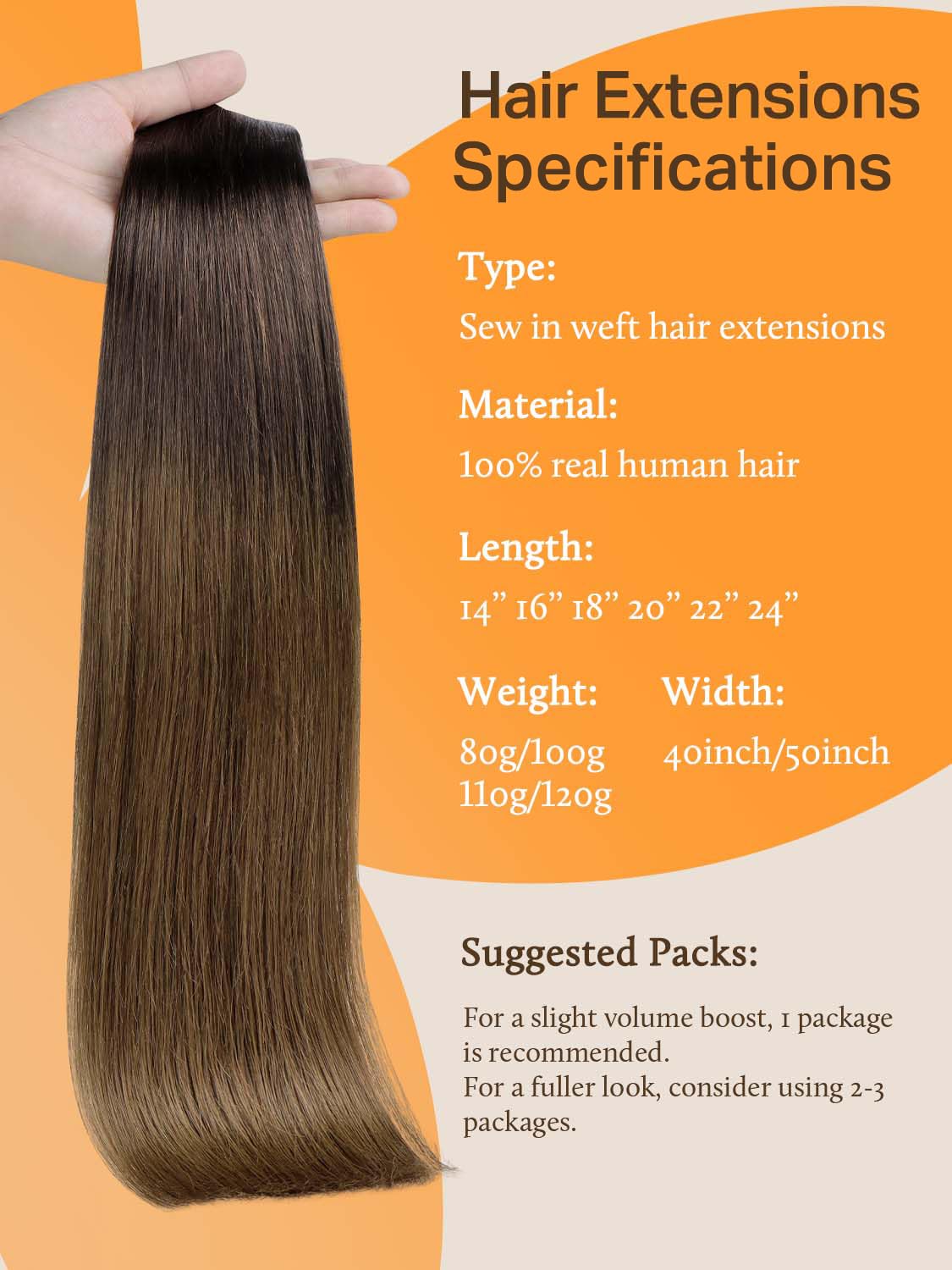 DOORES Hand-Tied Weft Hair Extensions Human Hair, 22 Inch 110g Chocolate Dip Color Melt, Real Human Hair Weft Extensions