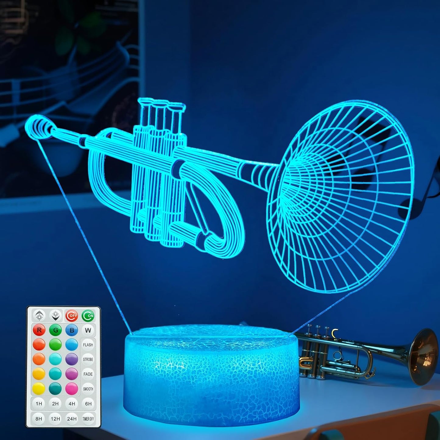 Trumpet Night Light, Trumpet Gifts, 3D Illusion Lamp with 16 Colors Changing, Timer, 4 Flash Modes and Dimmable, Kids Boys Girls Room Decoration, Holiday Xmas Gifts