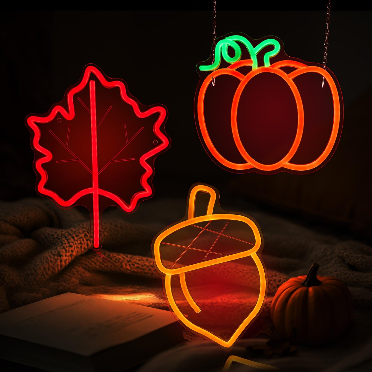 Hanna Roberts 3 Pcsthanksgiving Neon Sign  Pumpkin Maple Leaf Acorn Neon Led Lights  Usb Powered Window Lights For Halloween Thanksgiving Party  3D Wall Art Signs For Home Bedroom Living Room