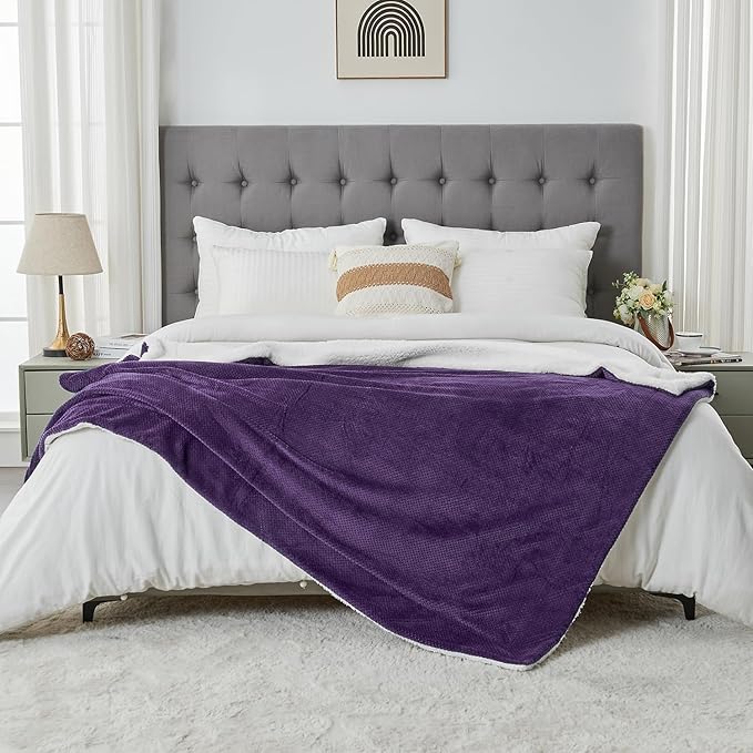 SOCHOW Waffle Sherpa Fleece Throw Blanket, Super Soft Fuzzy Warm, Lightweight Fluffy Reversible Plush Blanket for Bed Sofa Couch, 60 x 80 Inches Dark Purple