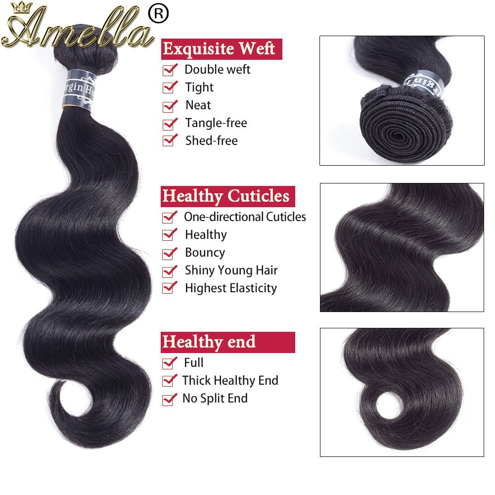 Amella Hair 8A Brazilian Virgin Hair Body Wave 1 Bundle 100% Unprocessed Brazilian Body Wave Remy Human Hair Extensions(16inch)