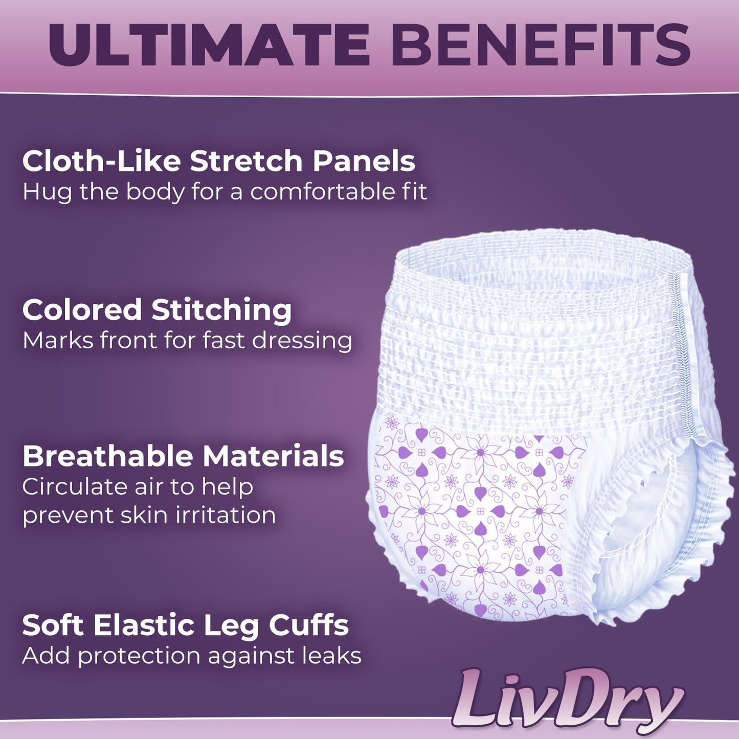 Livdry L Adult Diapers Women Overnight, Ultimate Max Absorbency, All Day or Night Protection, Large (60 Count)