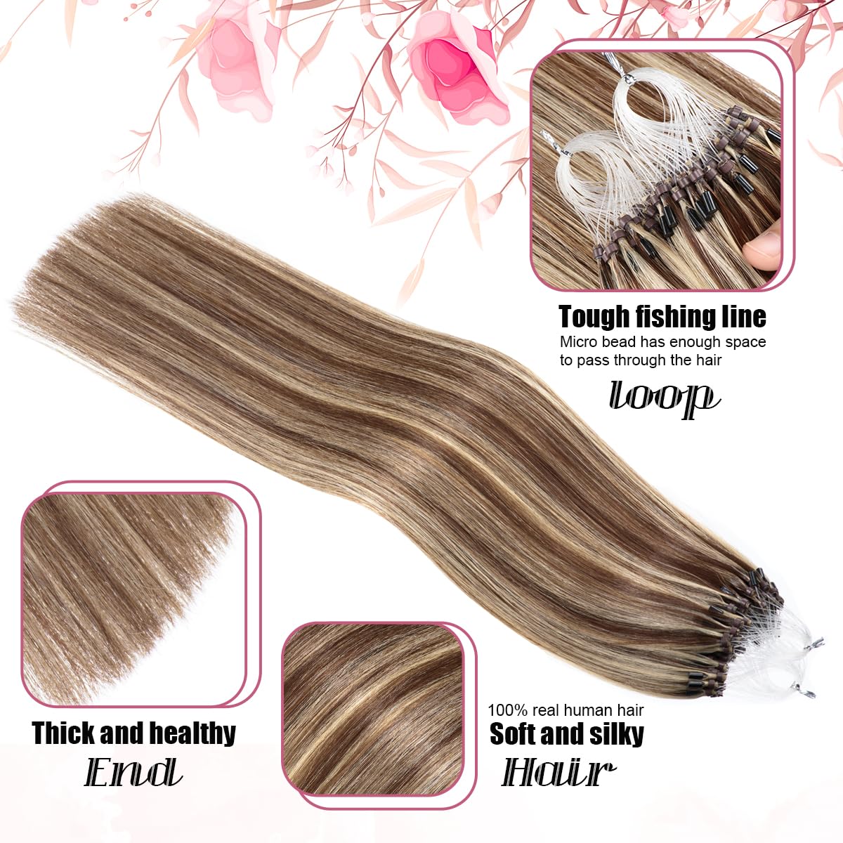 Kpvxxve 24 Inch Human Hair Extensions Micro Beads Hair Extensions Ombre Remy Human Hair Brown with Bleach Blonde Micro Loop Huma