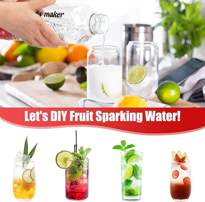 Sparkling Water Maker, Portable Soda Maker with 1L PET Carbonating Bottles, Soda Water Maker for Flavored Drinks, Soda Machine (Red)