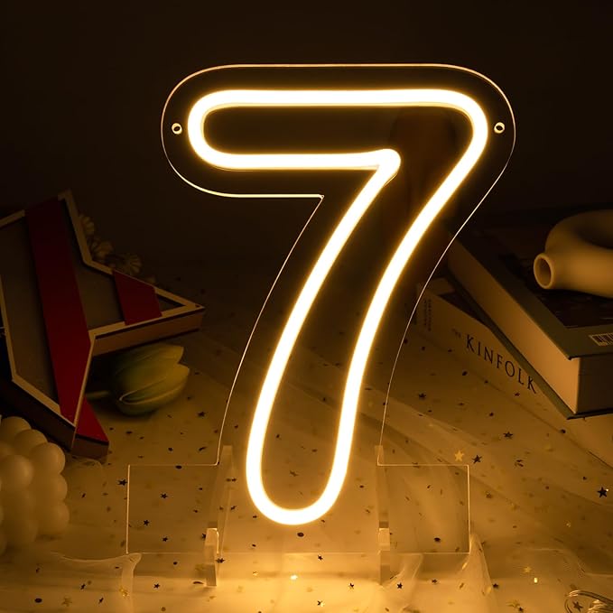 Number 7 LED Neon Sign Backdrop Birthday Party Decoration, 11.3" Height Warm White Marquee Numbers Seven Light Up Sign for...