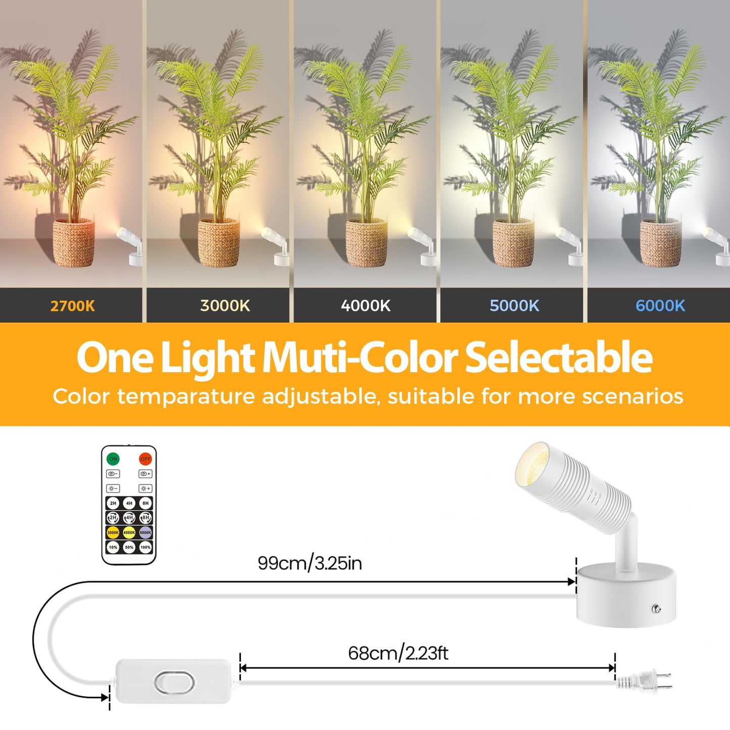 Tuyubee Muti-Color Zoomable Led Spot Lights Indoor Uplighting With Remote & Timer  5W Up Lights Indoor Dimmable Plant Spotlight Uplights Accent Lighting  Floor Spotlight Lamp - White