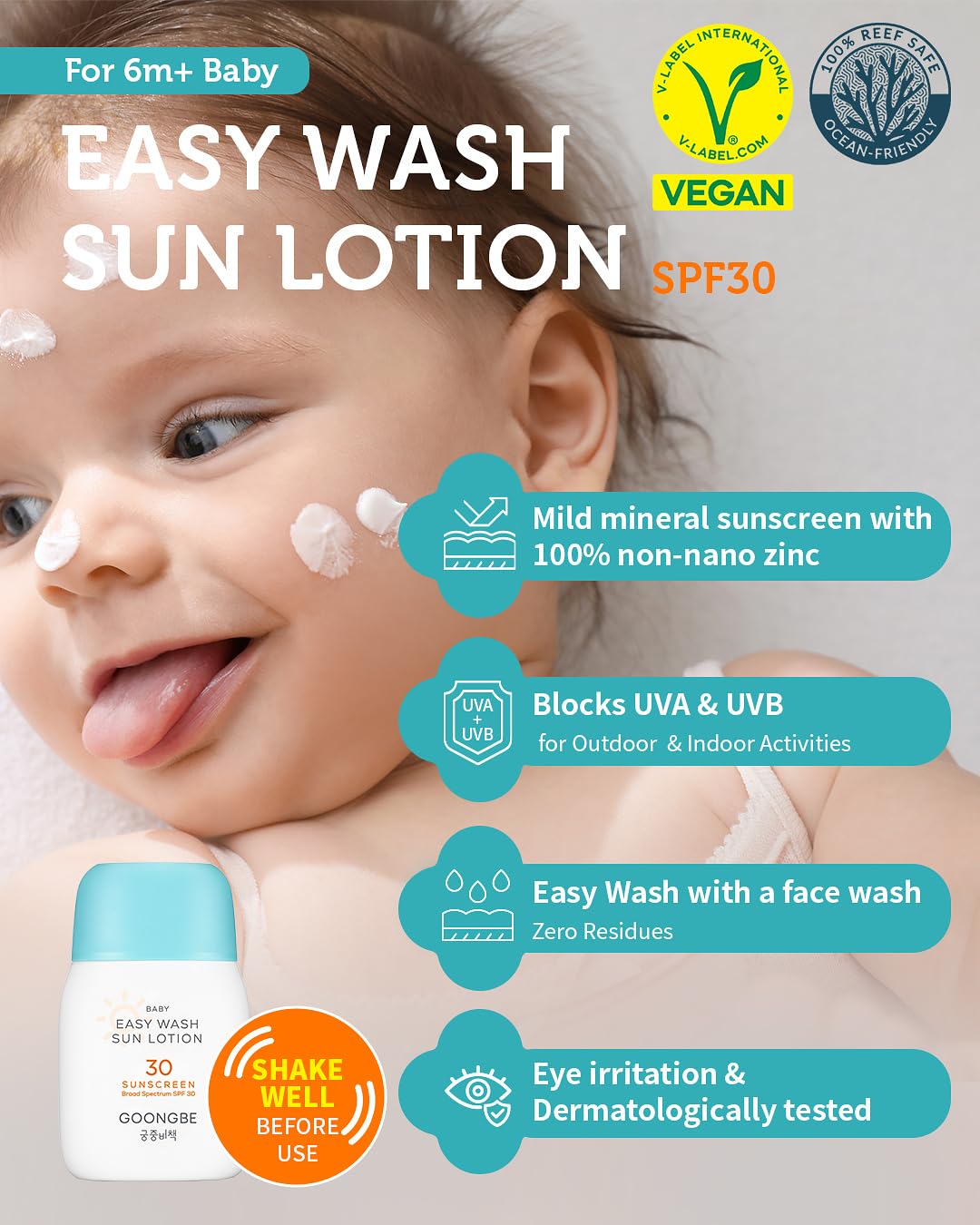 GOONGBE Baby Easy Wash Sun Lotion SPF 30 - Korean Moisturizing Zinc Oxide Mineral Sunscreen for Babies and Kids - Washes Off Eas