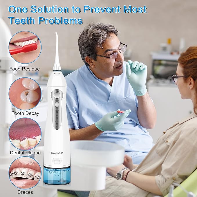 TOVENDOR Electric Water Flosser, Cordless Rechargeable Dental Oral Irrigator IPX7 Waterproof 300ML Travel Water Teeth Cleaner with 5 Tips for Braces Care Teeth Gums Cleaning, Home Office Daily Use