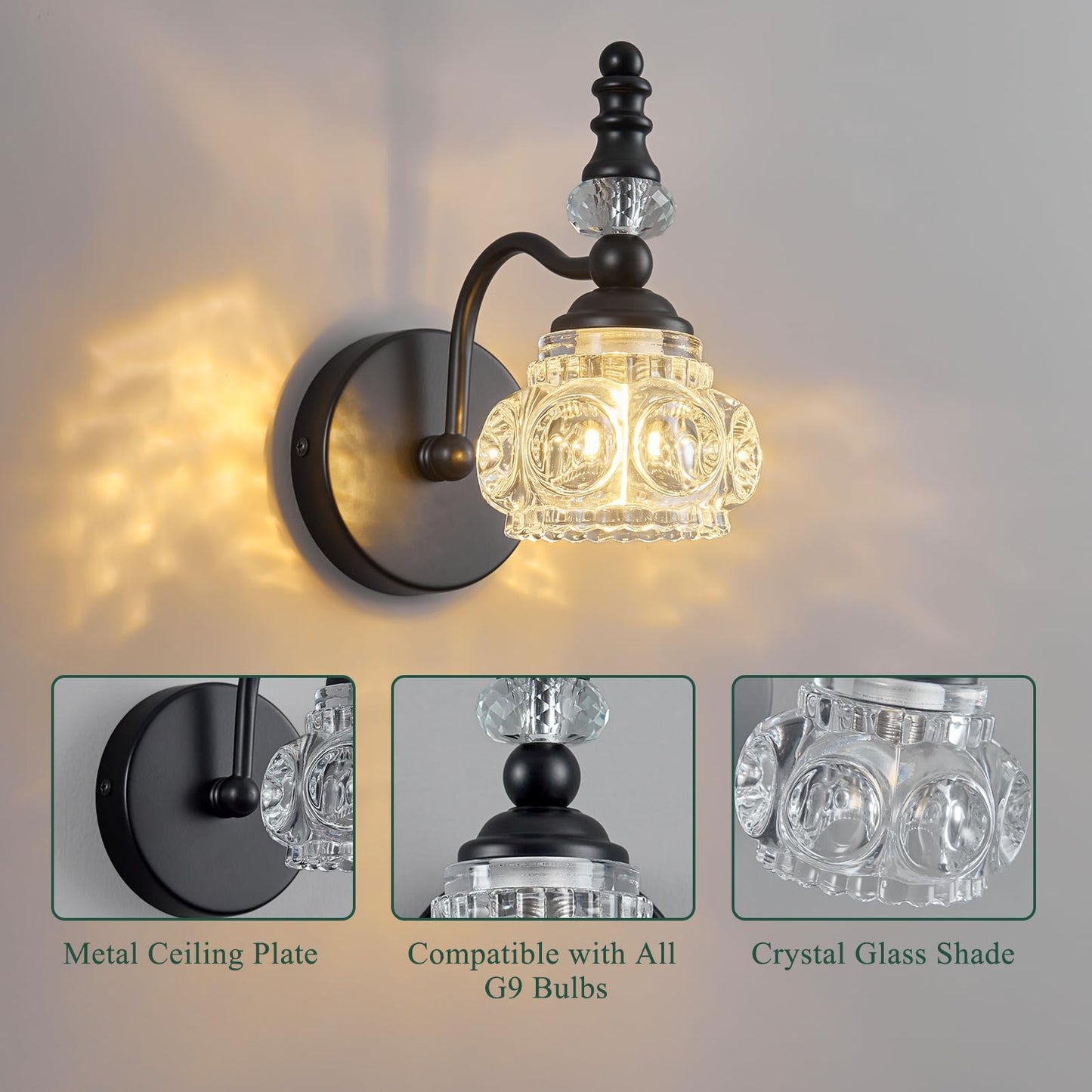 Lbsqj Modern Wall Sconces Set Of Two Black Vintage Indoor Glass Wall Lamp Bathroom Vanity Light Fixture Wall Mounted Room Sconce Wall Lighting