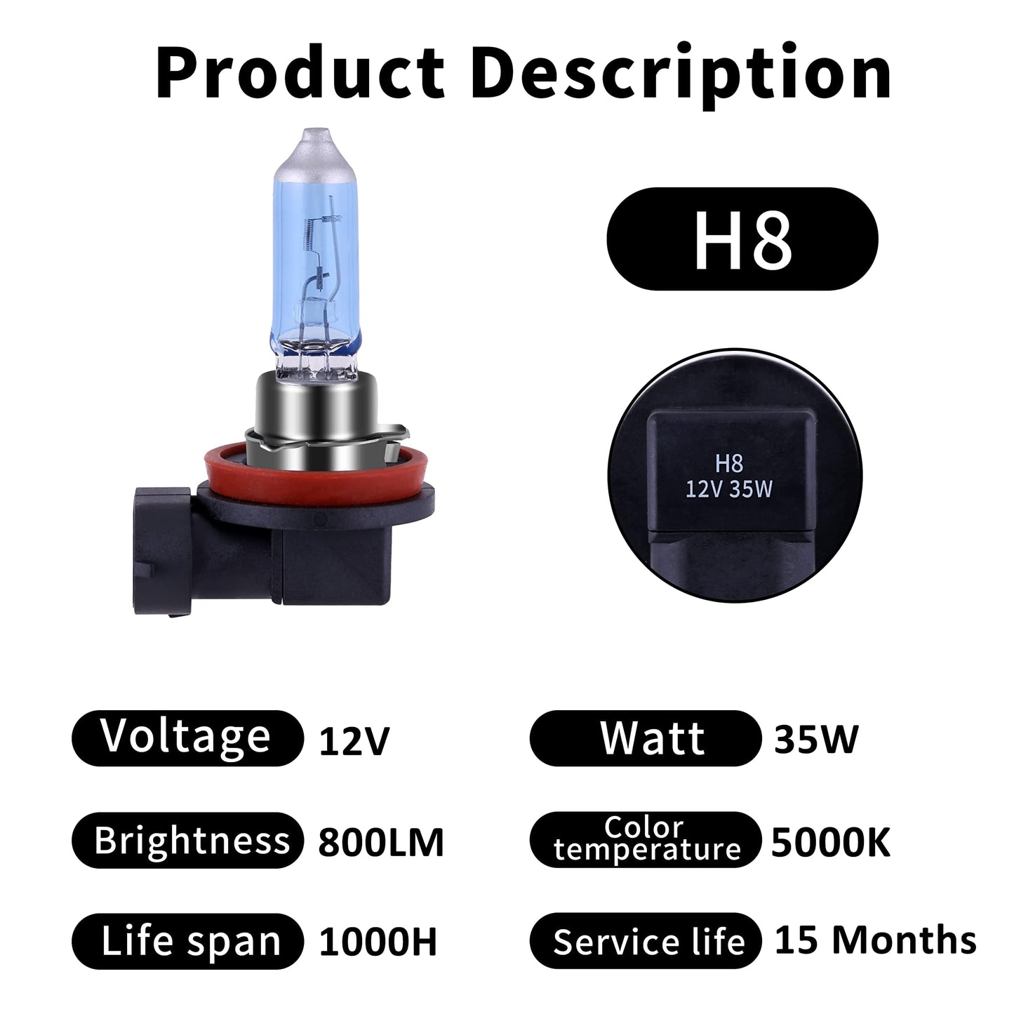 NEWBROWN H8 Halogen Headlight Bulb 12V/35W Super White Light Long Life Replacement PGJI9-1 (2 Pack)