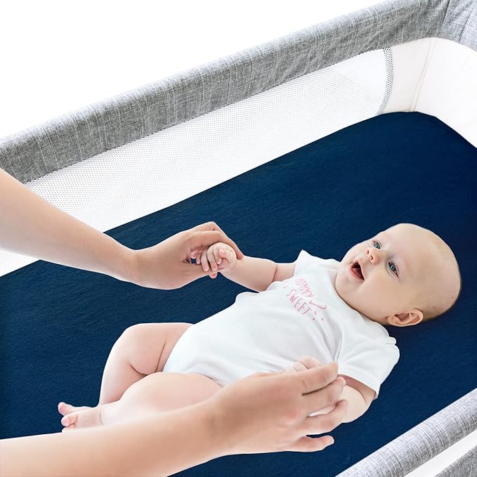 Bassinet Sheets Fit for Dream On Me Traveler/Skylar/Waves Bassinet Bedside, 100% Cotton, 2 Pack, Ultra Soft Bassinet Sheet, Gray and Navy Blue