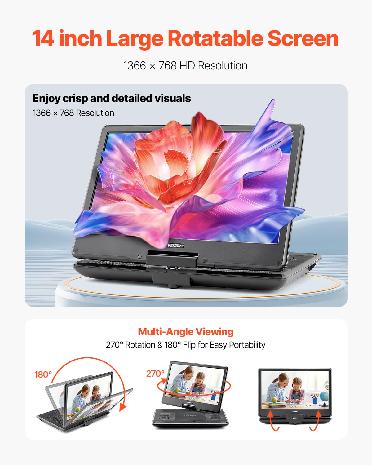 Vevor Portable Dvd Player, 14 Inch Hd Swivel Display Screen, 4.5-5 Hours Built-In Rechargeable Battery, Dual Speakers, Support S