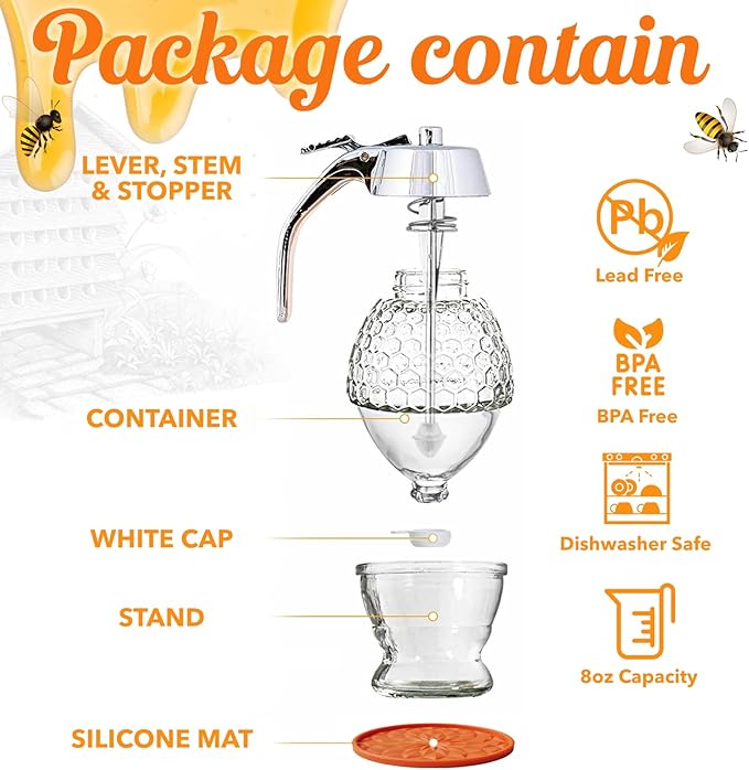 8oz Glass Honey Dispenser with EXCLUSIVE SILICONE MAT & Airtight Lid – Container for Honey, Syrup & Sauces Bottle | Mess-Free, Easy-Pour Design Jar| Premium Quality Glass Pot | Custom Gift Box