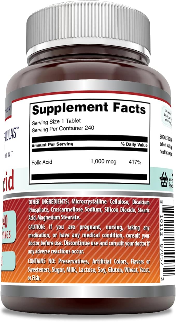 Amazing Formulas Folic Acid 1000 Mcg (1 Mg) 240 Tablets Supplement | Vitamin B9 | Non-GMO | Gluten Free | Made in USA