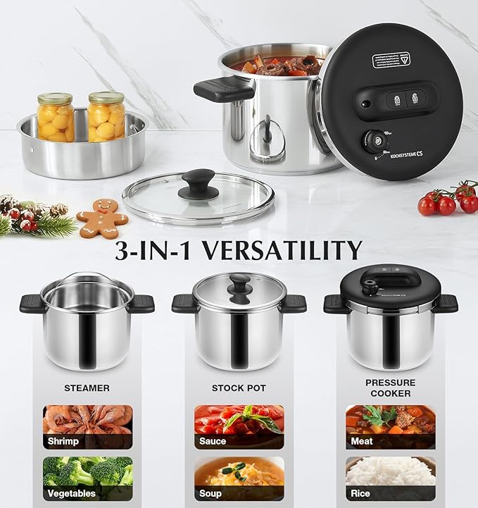 KOCH SYSTEME CS 8.5QT Pressure Cooker Stainless Steel, Olla de Presion, 18/10 Stainless Steel Pressure Cooker, Easy One-Press Lock Pressure Cookers, Induction Ready, Glass Lid & Steamer
