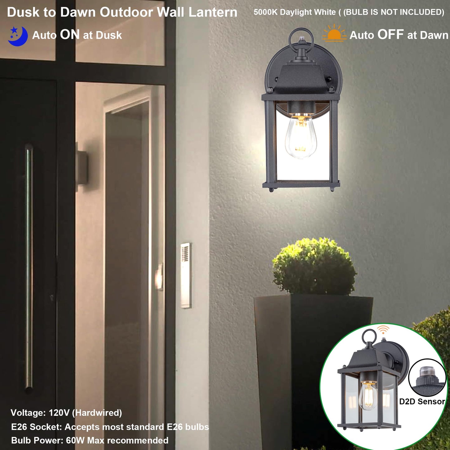 LIT-PaTH Outdoor Wall Lantern, ETL Qualified, Aluminum & Glass, 60W Max, 1-Pack, Black, Model LT-WL009
