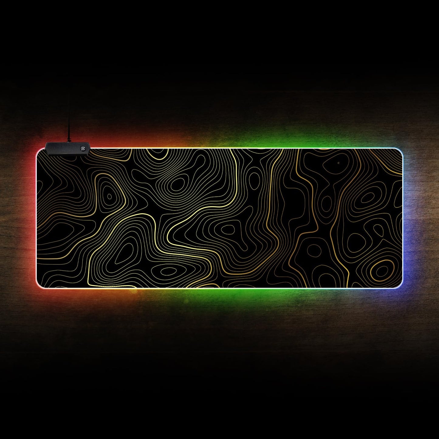 RGB Mouse Pad LED Desk Mat Large Gaming Mousepad Black and Gold Line Design, Keyboard Pad XL Mouse Mat for Home and Office (Black with Gold Topographic Line)