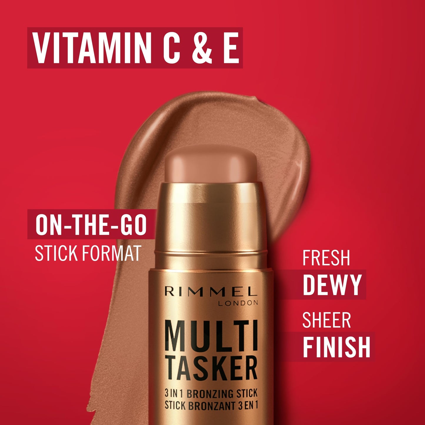Rimmel Multi Tasker 3 in 1 Bronzing Stick, 002 Medium, Sculpted and Bronzed Glow, All-Day Wear, Sheer and Dewy Finish, Infused w