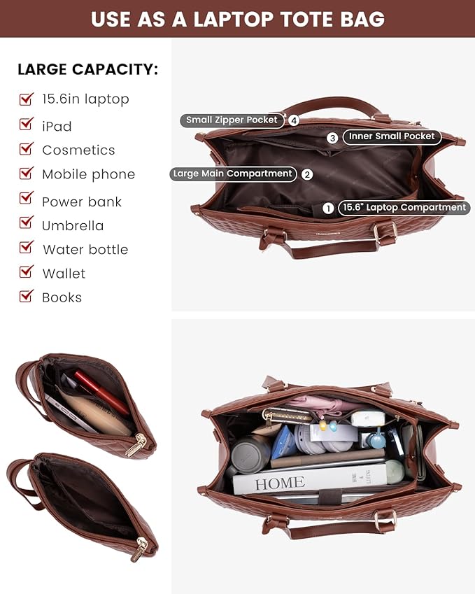 LOVEVOOK Lunch Tote Bag for Women, 15.6 Inch Laptop Bag with Insulated Lunch Compartment, Quilted Large Capacity Computer Handbag with Purse for Business, Work, Nurse, Collage, Office, Casual, Brown