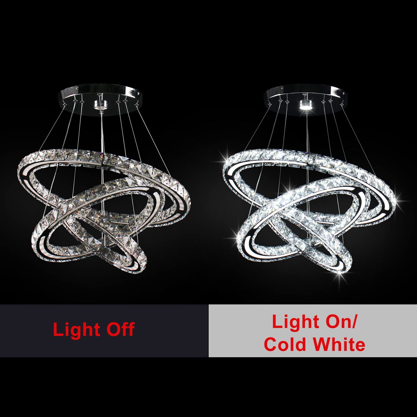 Cxgleaming Led Chandeliers Modern Ceiling Light Fixture 3 Rings Adjustable Crystal Pendant Light Fixture Ceiling Hanging For Living Room Dining Room Bedrooms Hall 250Mm Base 209 Crystals (Cool White)