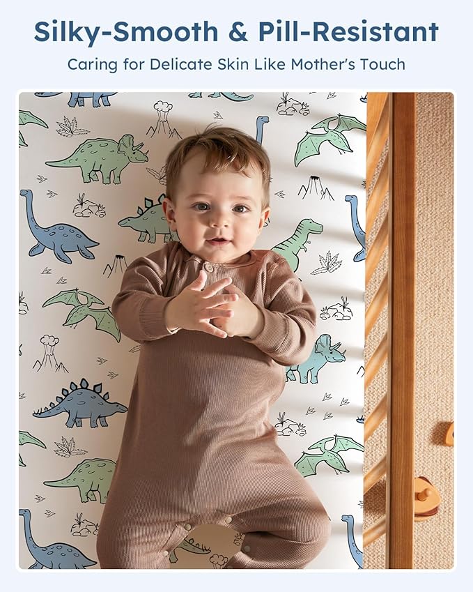 Pack and Play Sheets Fitted 3 Pack, Mini Crib Sheets for Pack N Play Mattress Stretchy Portable Playard Sheets, Soft Breathable Green & Blue Dinosaur