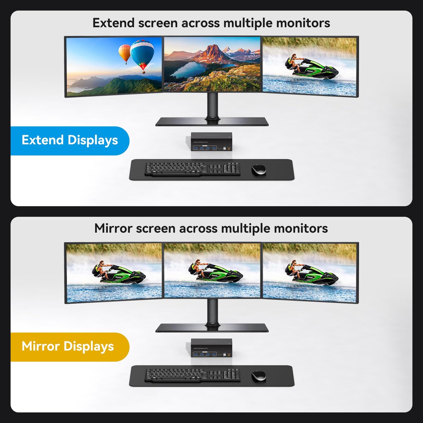 ATLAHET 8K HDMI 2 Displayport KVM Switch 3 Monitors 2 Computers DP 1.4 8K 60Hz 4K 120Hz Display Port for Two PC Share Triple Monitor and 4 USB 3.0 Peripherals Support Extended and Duplicate Mode