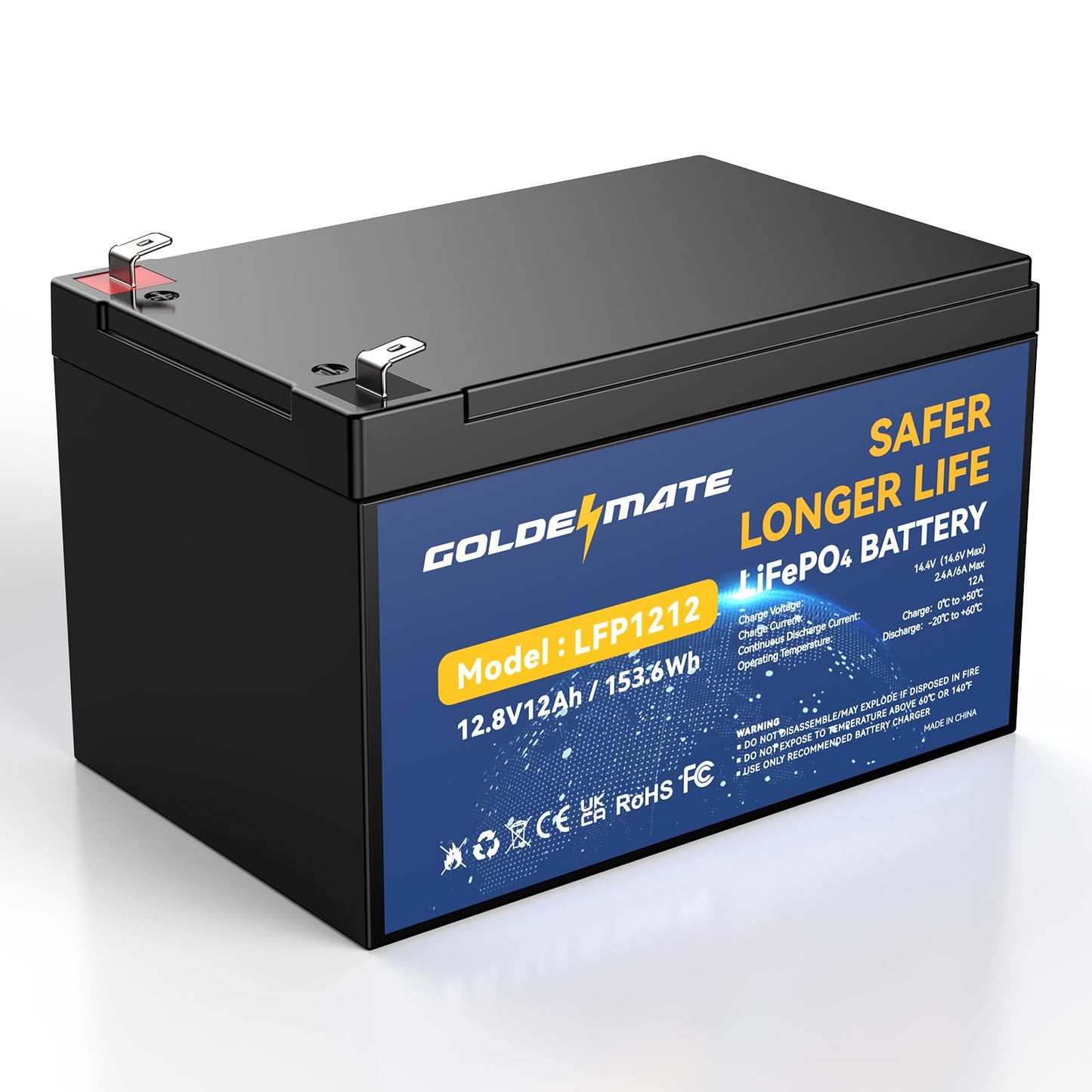 Goldenmate 12V 12Ah Lifepo4 Lithium Battery, 5000+ Deep Cycles Rechargeable Battery, Built-In 12A Bms, Lithium Iron Phosphate Fo