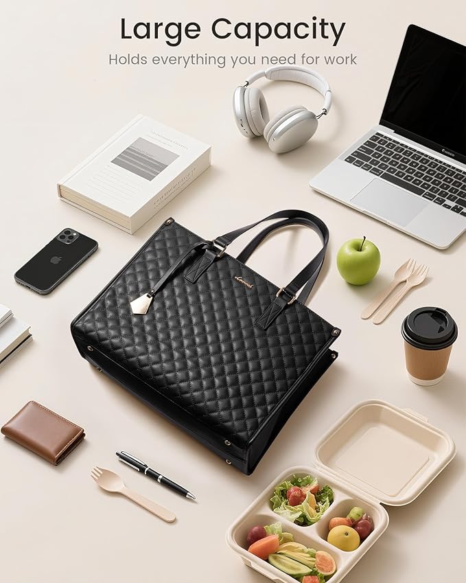 LOVEVOOK Lunch Tote Bag for Women, 15.6 Inch Laptop Bag with Insulated Lunch Compartment, Quilted Large Capacity Computer Handbag with Purse for Business, Work, Nurse, Office, Collage, Casual, Black