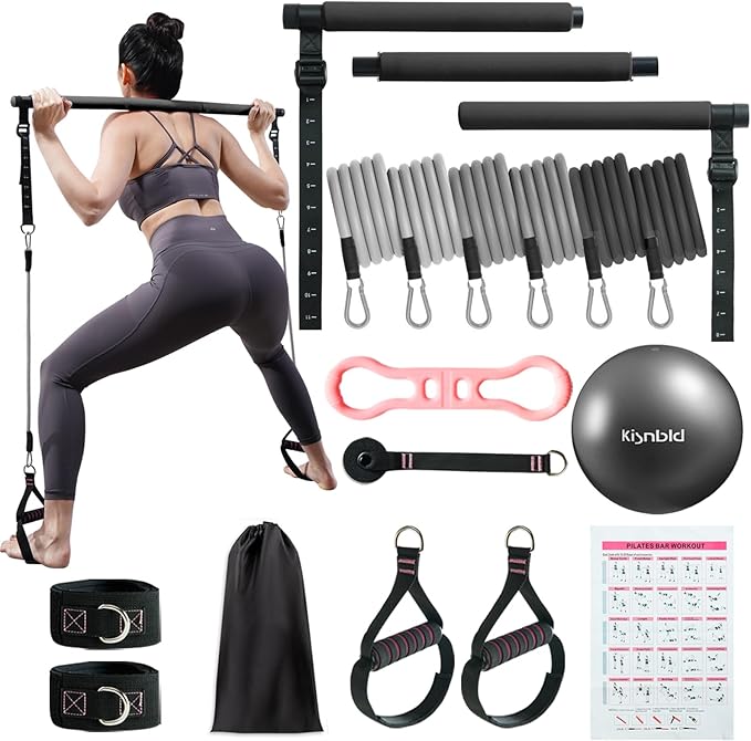 kisnbld Pilates Bar Kit with Resistance Bands, Multifunctional Pilates Bar with 3 Set Exercise Resistance Bands, Portable ...
