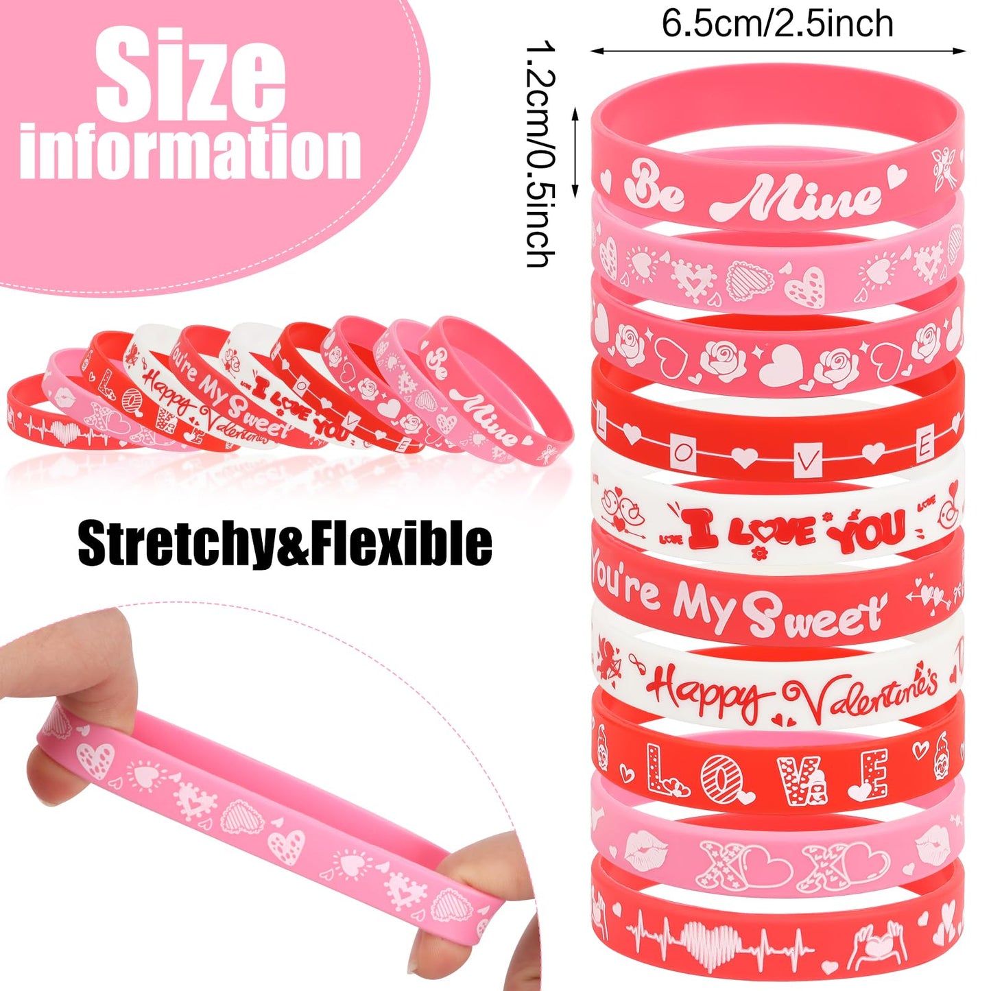 CCINEE 40Pcs Happy Valentines Day Rubber Bracelet Bulk Colorful Valentine's Day Silicone Wristbands Pink Red Love Heart Rubber B