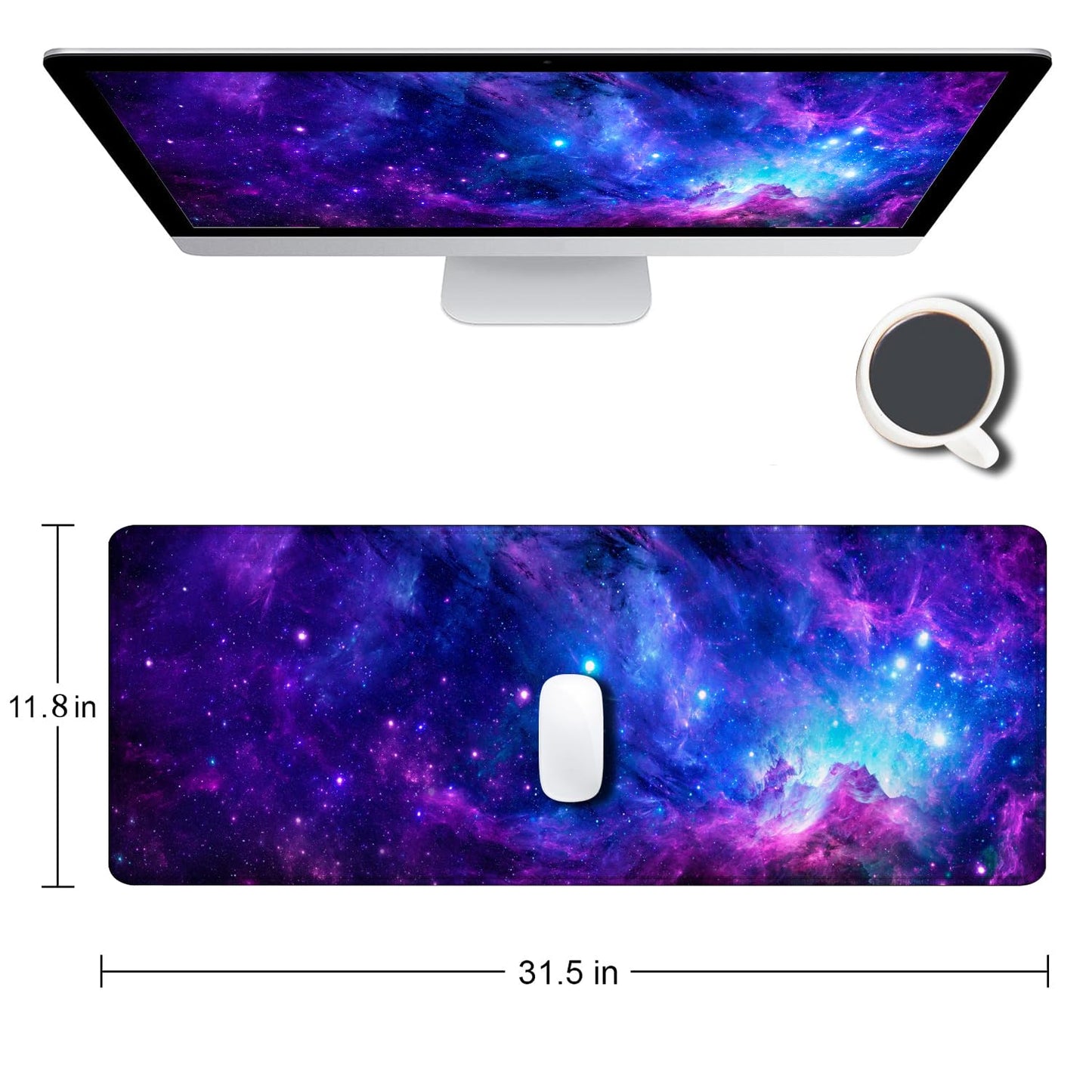 SANWUMIAN Gaming Large Mouse Pad with Stitched Edges, Purple Galaxy Desk Mat, Extended Keyboard Pad, Non-Slip Rubber Base Desk Pad for Keyboard and Mouse, 31.5X11.8 inch