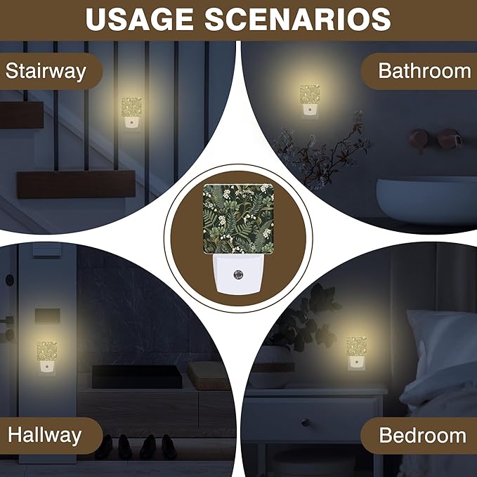 Botanical White Flowers Berries and Green Leaves Night Light, Plug-in Nightlight with Dusk to Dawn Auto Sensor for Home Bedroom Hallway Kitchen 0.5W Sleep Friendly Led Lamp for Women Men