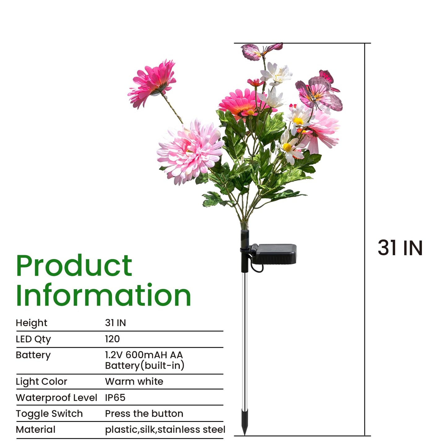 Topvelo Solar Garden Light 4 Packs  120 Leds Outdoor Solar Lighting With Daisy And Butterfly  Waterproof Outdoor Garden Light For Patio  Courtyard  Pathway Decoration (Pink)