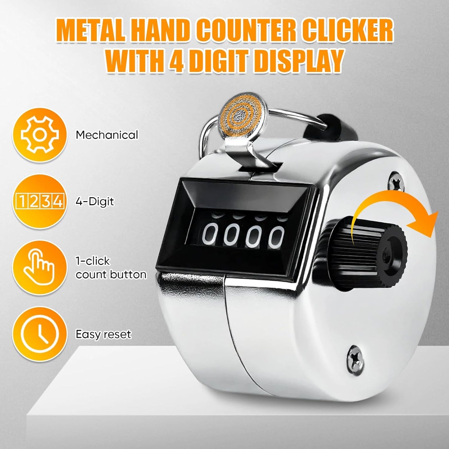 Metal Handheld Tally Counter, Clicker Counter with 4 Digit Display, Hand Mechanical Counter for Counting, Golf, Baseball, Knitting, Coaching, Fishing and Laps