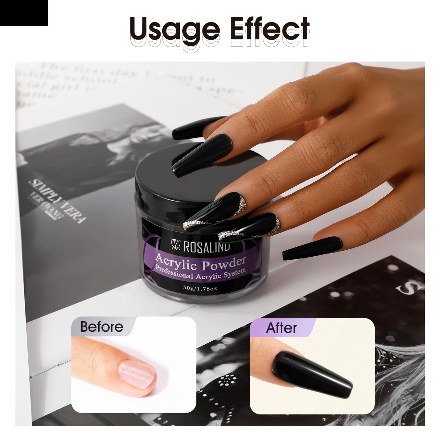 ROSALIND Black Acrylic Nail Powder 50g/1.76oz Acrylic Black Powder for Nail Acrylic Extension, Professional Crystal Polymer Blac
