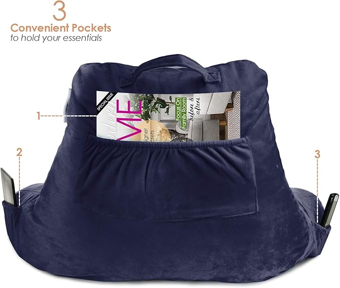 Nestl Reading Pillow Standard Bed Pillow, Back Pillow for Sitting in Bed Shredded Memory Foam Chair Pillow, Reading & Bed Rest Pillows Navy Blue Back Pillow for Bed, Bed Chair Arm Pillow with Pockets