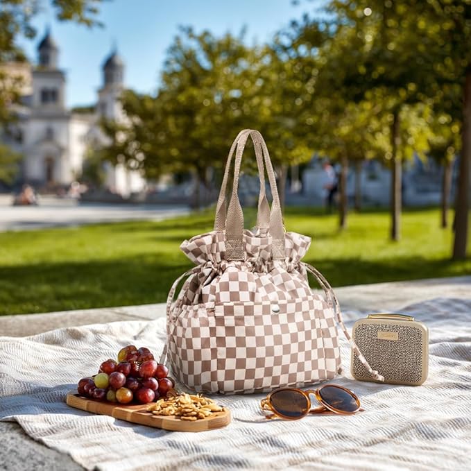 Yarnic Lunch Bag Women Insulated Lunch Bags,Cute Reusable Lunch Box Stain-Resistant Lunchbox with Water Bottle Holder for Adult Men Work Travel Picnic (Beige Coffee Checker)