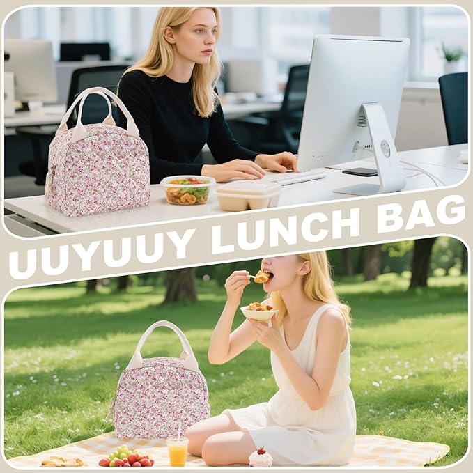 Lunch Bag for Women Insulated Lunch Box Reusable Cooler Bag Portable Cute Floral Quilted Cotton Bag Leakproof Tote Bags for Travel, Work, and Picnic, Spring Meadow