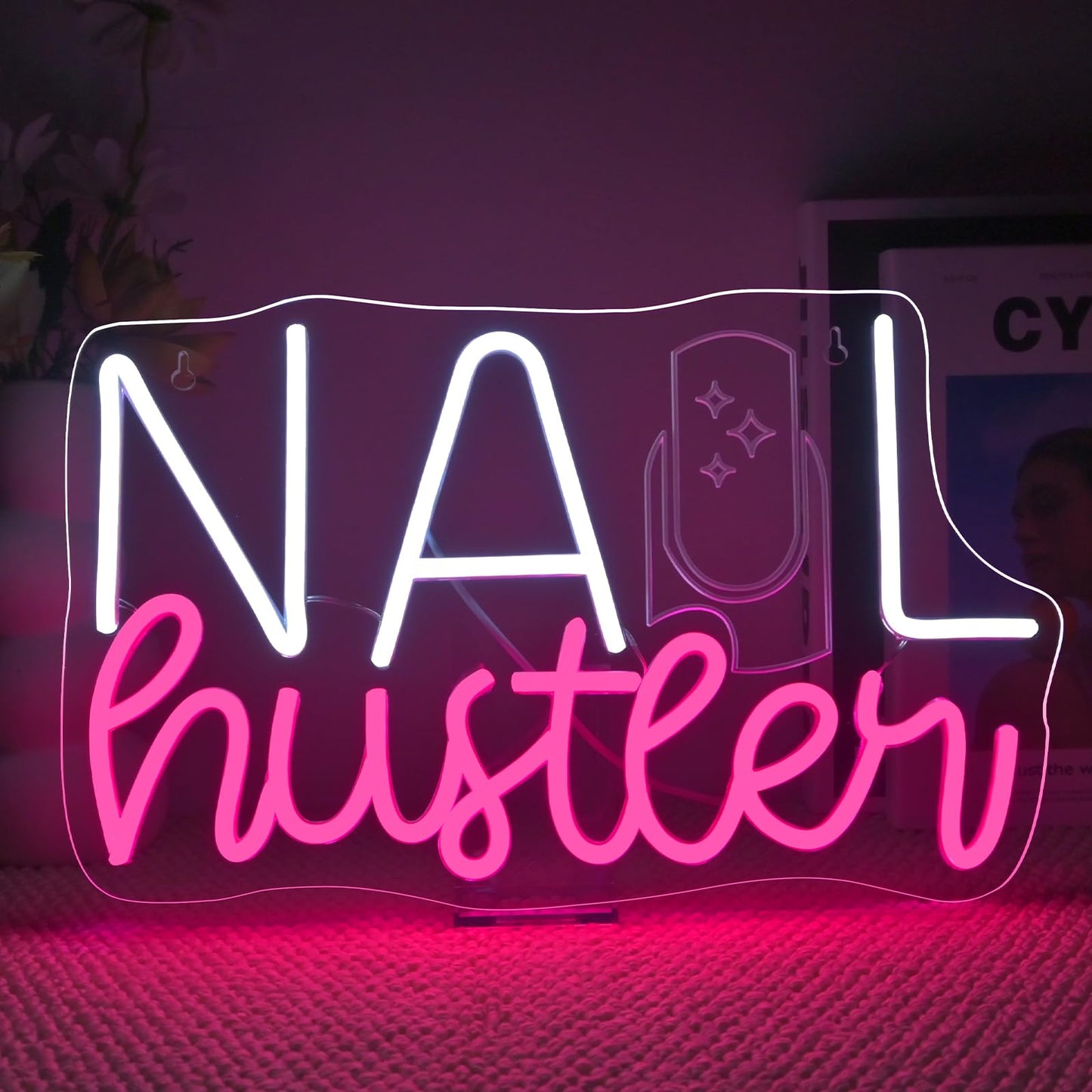 FAXFSIGN Neon Sign for Nail Tech Room, Dimmable LED Light, 14.9in x 9.1in, Colorful-A-Nail Hunter, Model FAXFSIGN-101