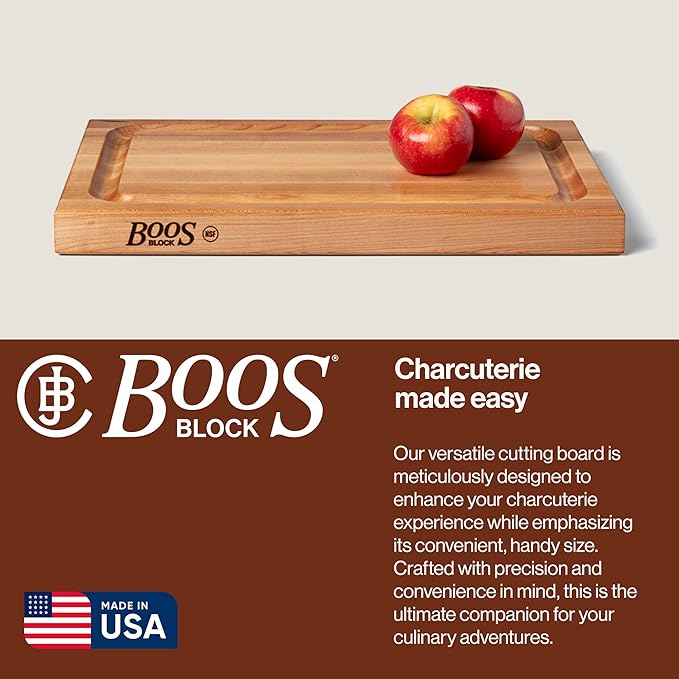 John Boos BBQ Series Rectangular Wooden Maple Cutting Board 18”x12” – 1.5” Thick, 8.5-lb Reversible Butcher Block with Juice Groove, Edge-Grain & Finger Grips– Made in the USA