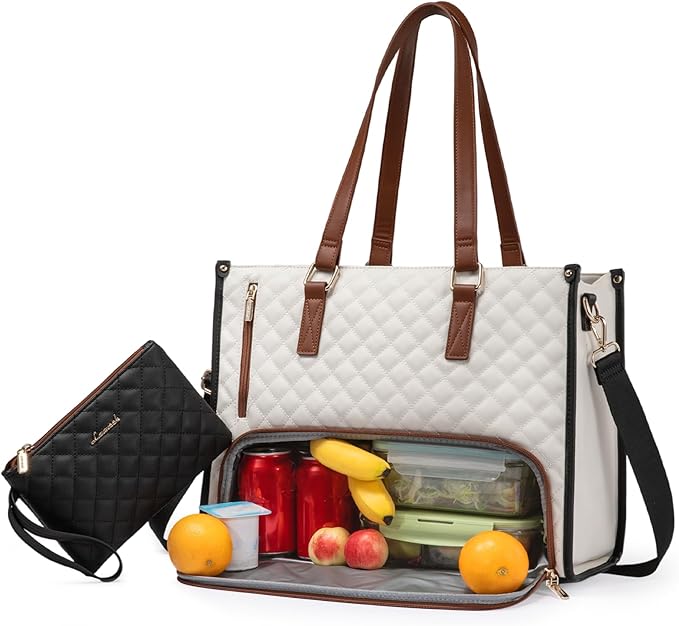 LOVEVOOK Lunch Tote Bag for Women, 15.6 Inch Laptop Bag with Insulated Lunch Compartment, Quilted Large Capacity Computer Handbag with Purse for Business, Work, Nurse, Office, Collage, Casual