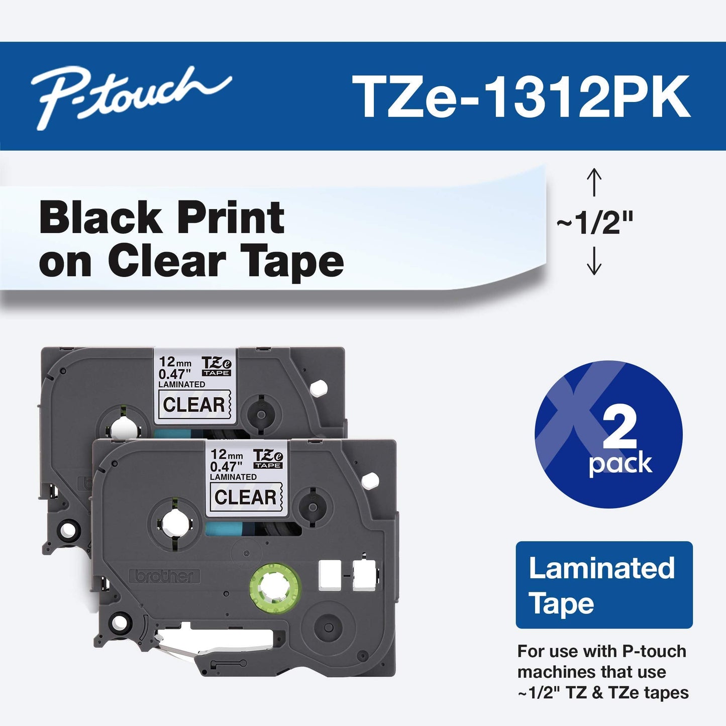 Brother Tape, Retail Packaging, 1/2 Inch, Black On Clear, 2 Count (Pack Of 1) (Tze1312Pk)